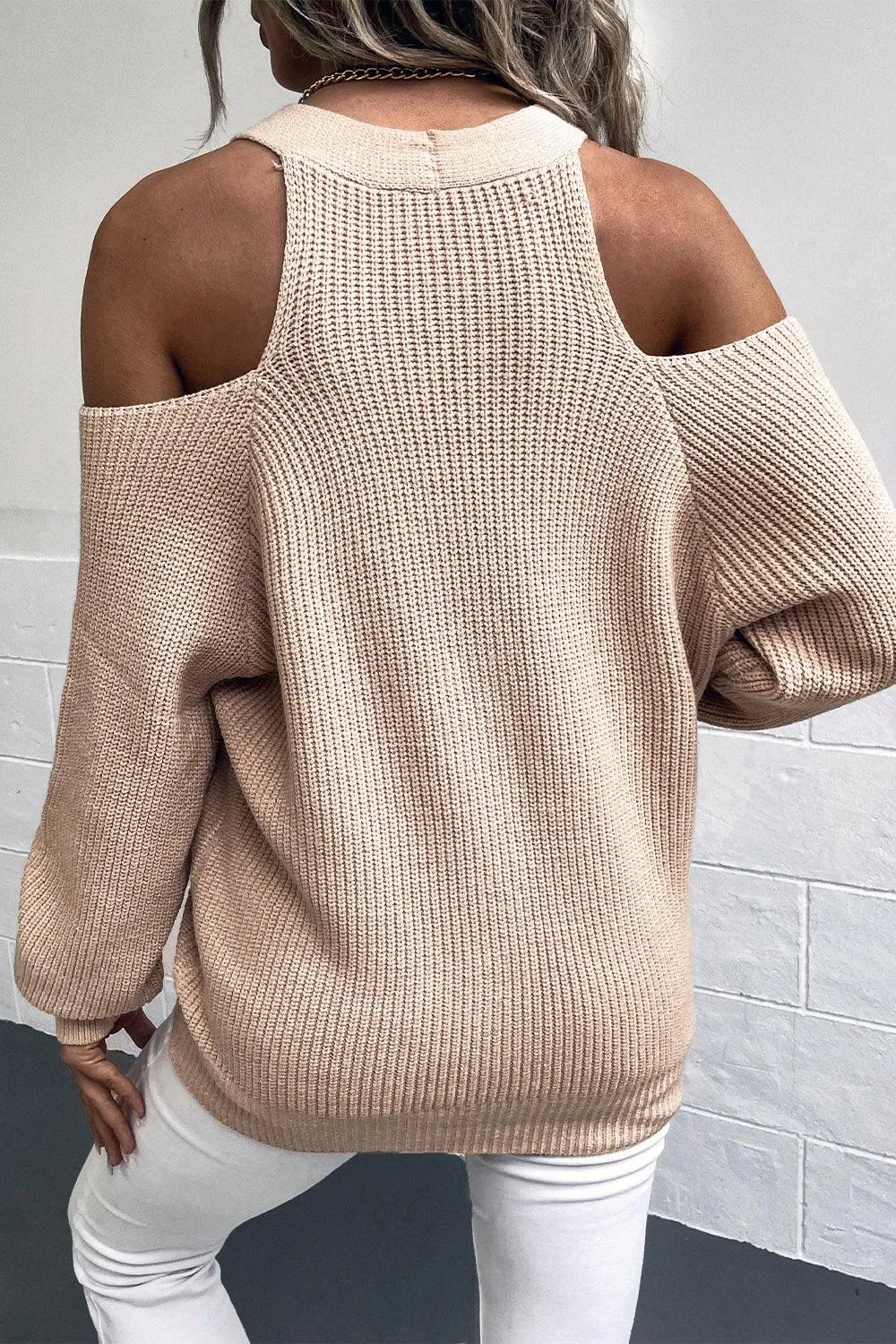 Open Shoulder Plunge Neck Ribbed Cardigan