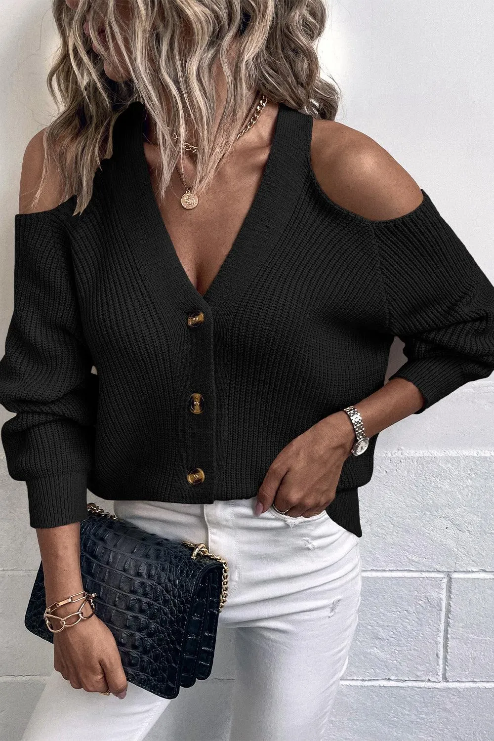 Open Shoulder Plunge Neck Ribbed Cardigan