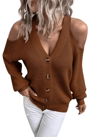 Open Shoulder Plunge Neck Ribbed Cardigan
