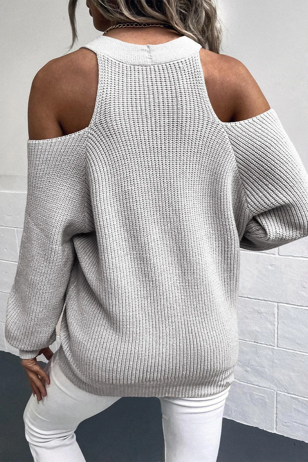 Open Shoulder Plunge Neck Ribbed Cardigan