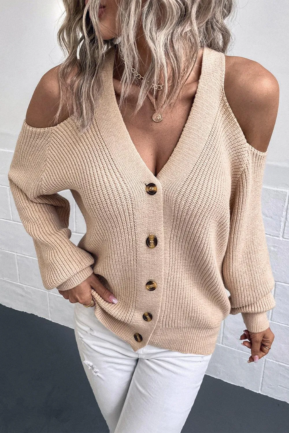 Open Shoulder Plunge Neck Ribbed Cardigan