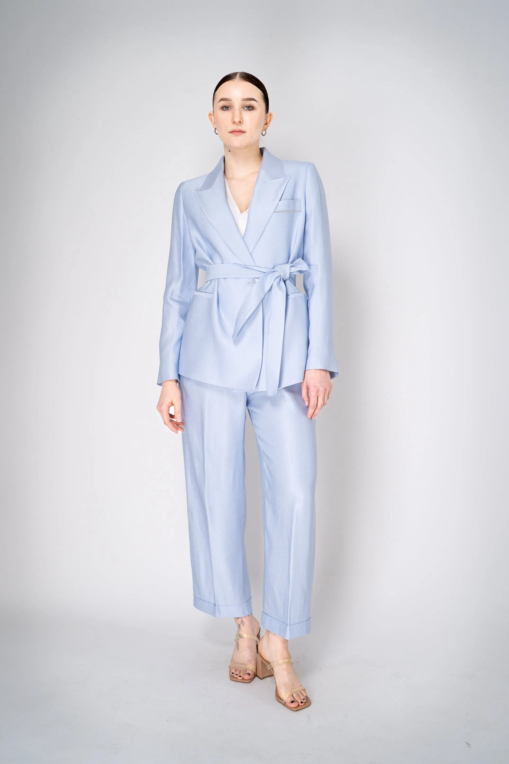 Peserico Linen Blend Blazer with Waist Sash in Light Blue