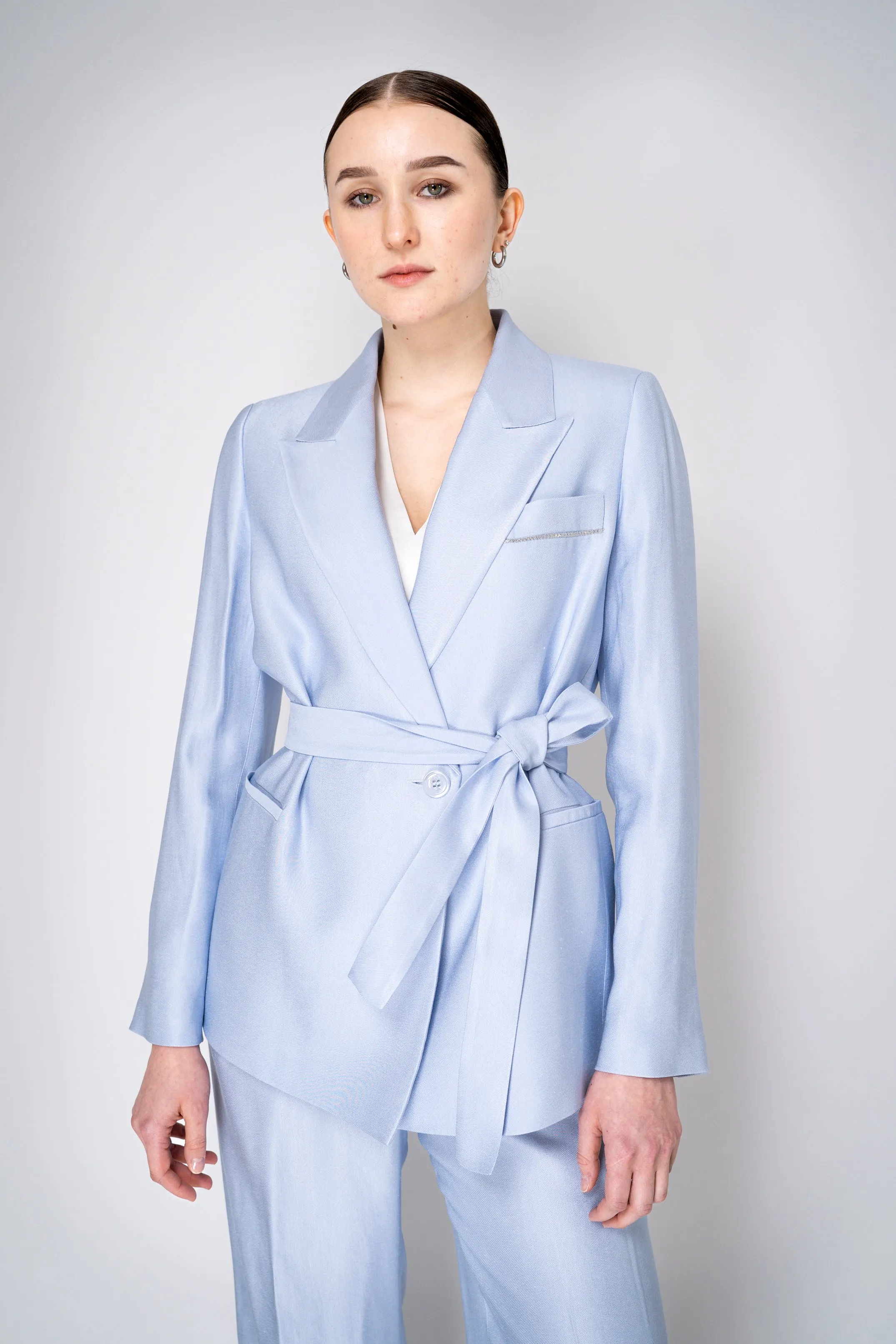 Peserico Linen Blend Blazer with Waist Sash in Light Blue