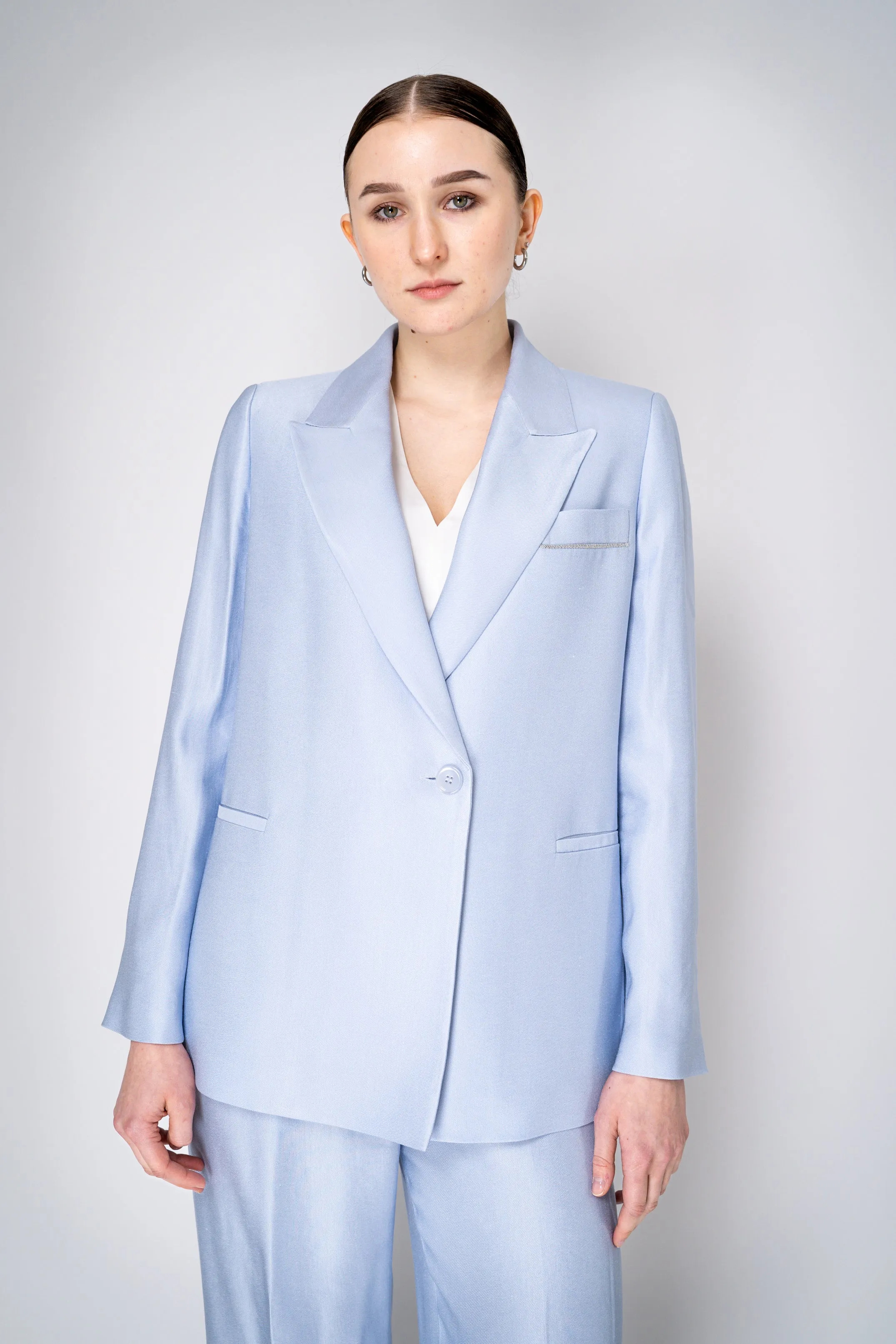 Peserico Linen Blend Blazer with Waist Sash in Light Blue