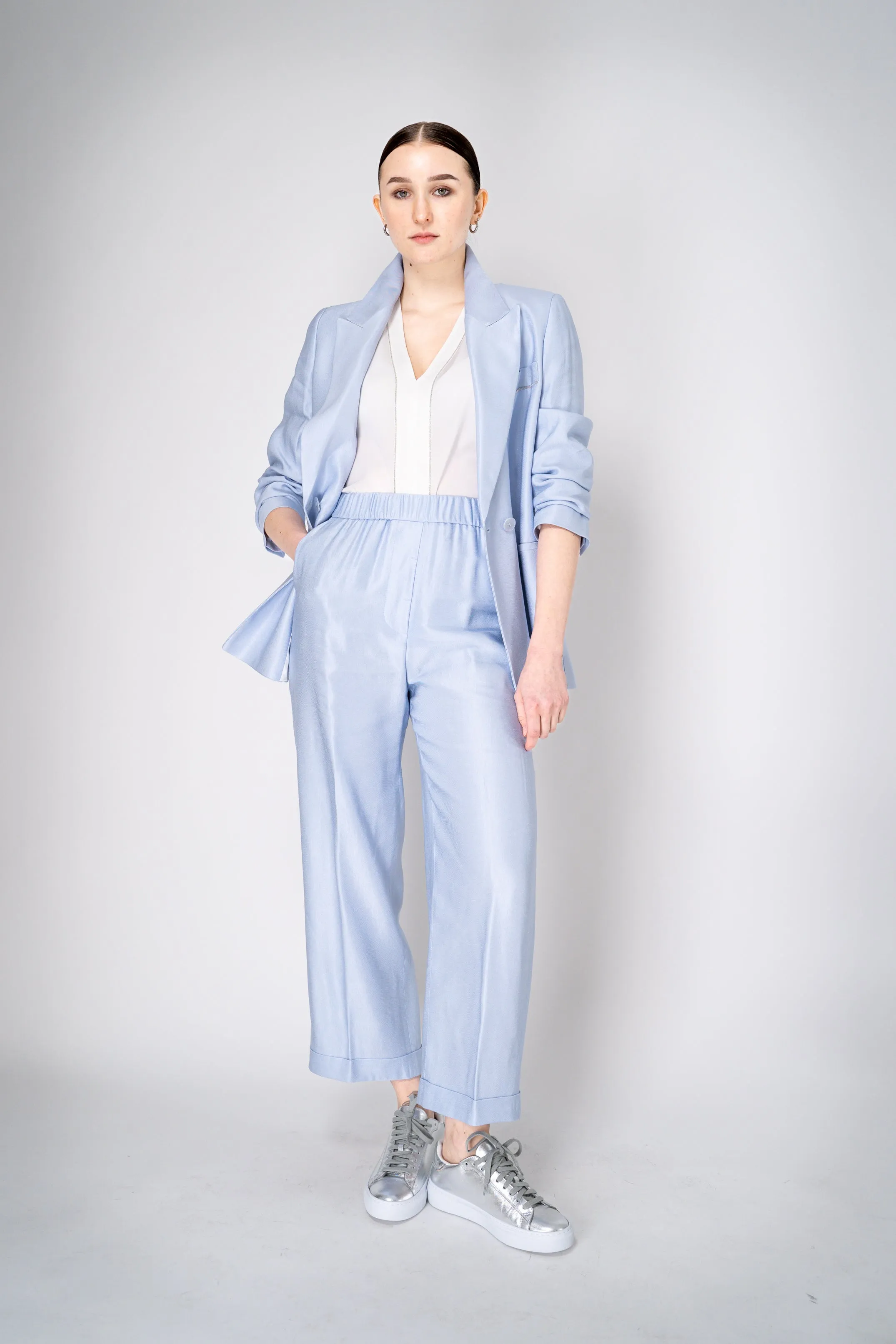 Peserico Linen Blend Blazer with Waist Sash in Light Blue