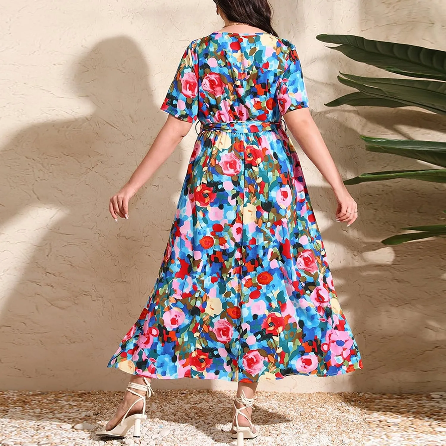 Plus Size Dress for Women High Waist V Neck Short Sleeve Midi Beach Sundress Floral Print Cocktail Party Dresses
