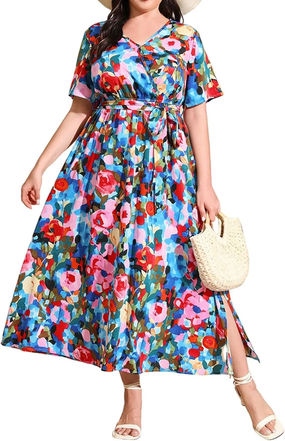 Plus Size Dress for Women High Waist V Neck Short Sleeve Midi Beach Sundress Floral Print Cocktail Party Dresses