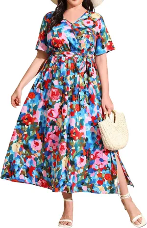 Plus Size Dress for Women High Waist V Neck Short Sleeve Midi Beach Sundress Floral Print Cocktail Party Dresses