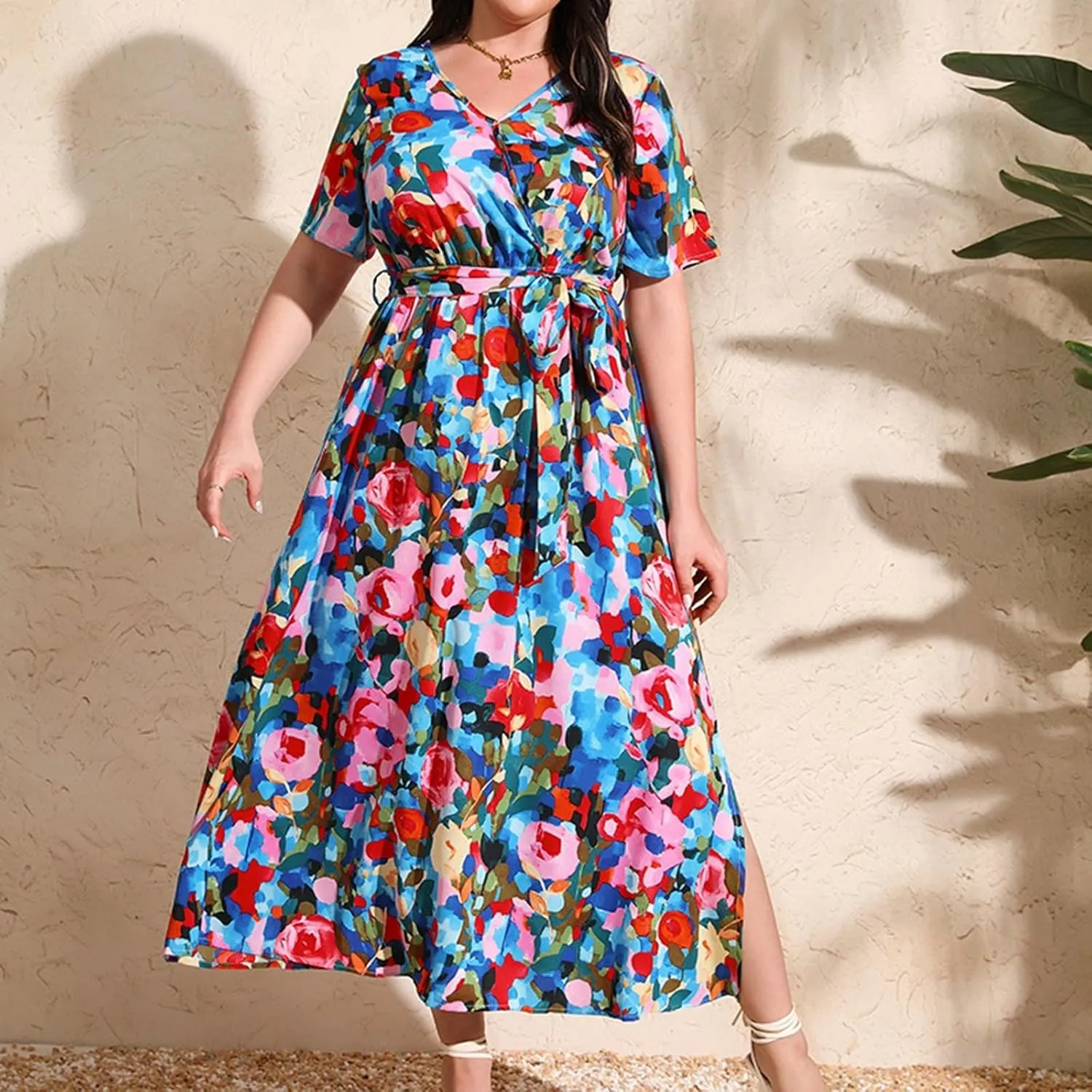 Plus Size Dress for Women High Waist V Neck Short Sleeve Midi Beach Sundress Floral Print Cocktail Party Dresses