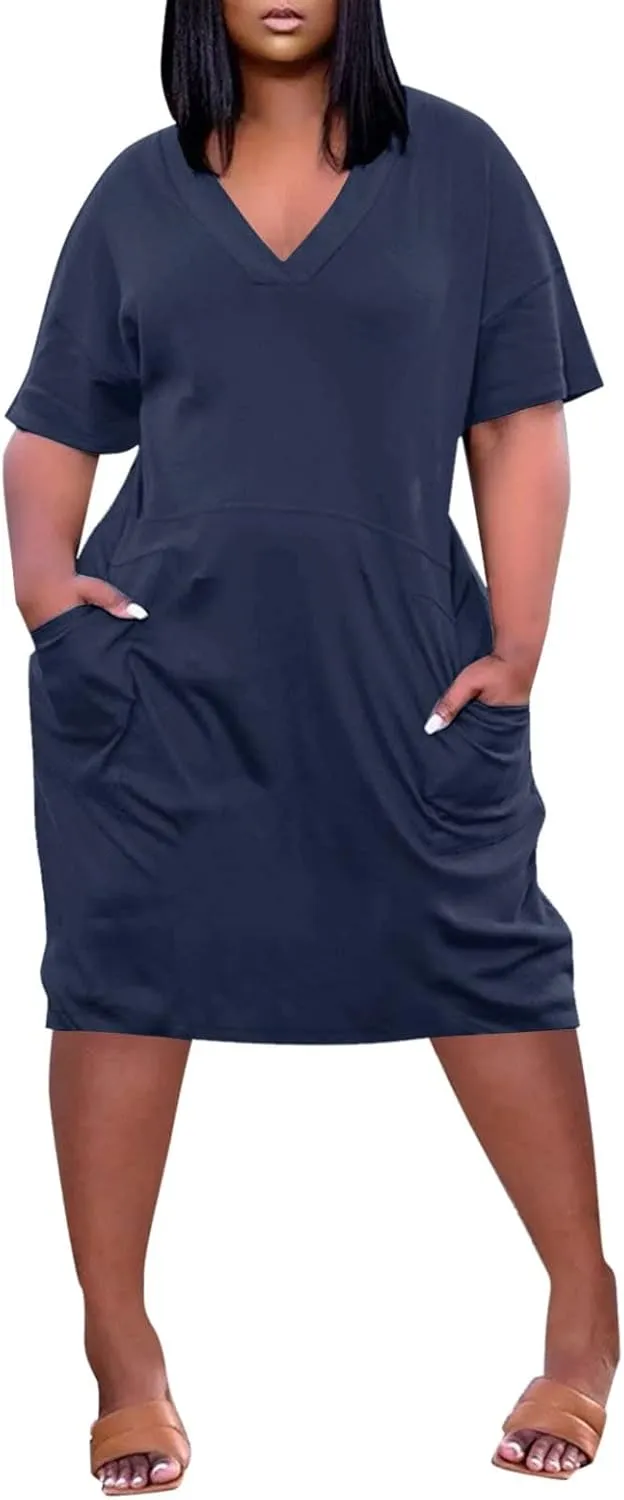 Plus Size Dresses for Curvy Women Short Sleeve V Neck T Shirt Dresses Casual Plain Midi Resort Dress with Pockets