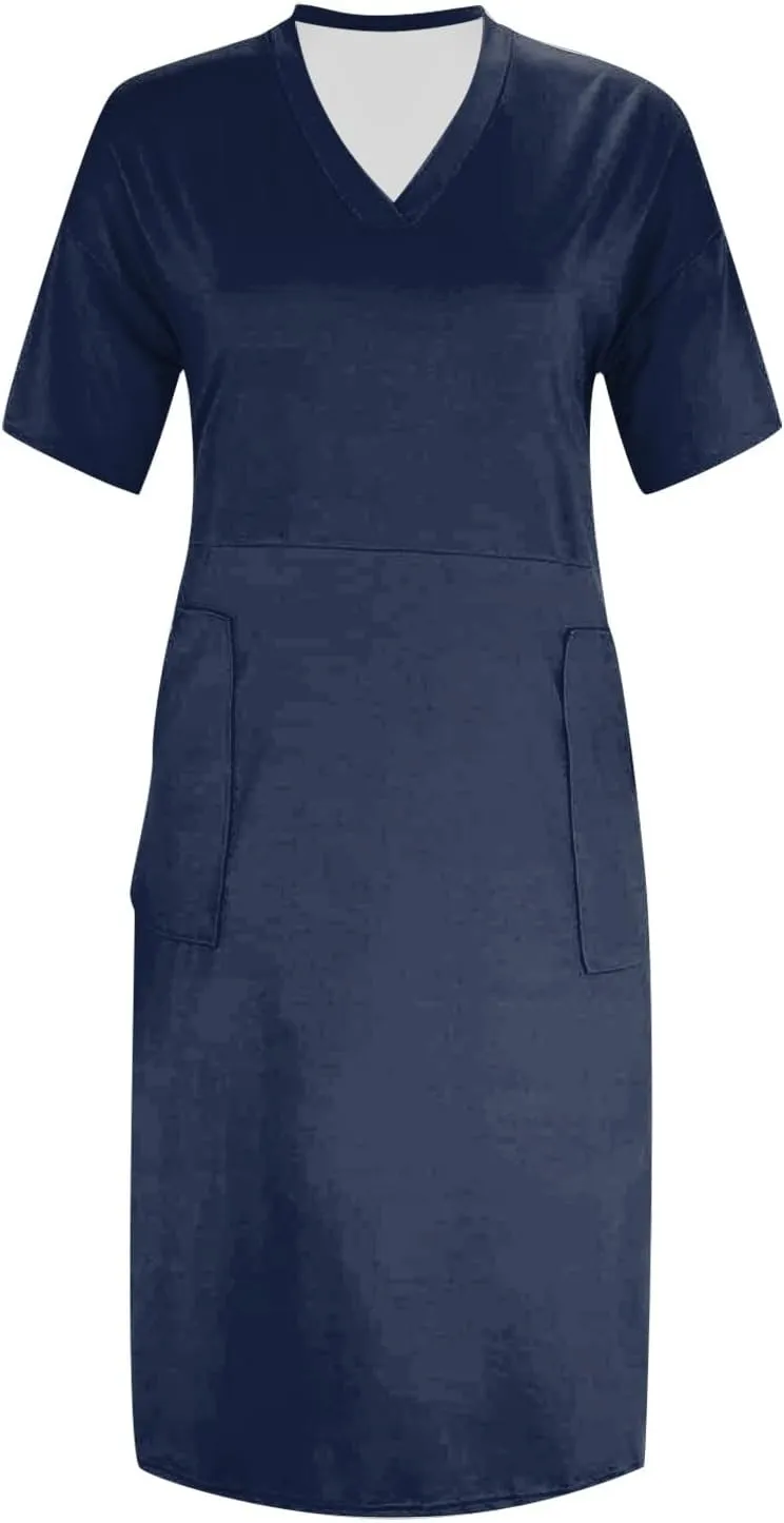 Plus Size Dresses for Curvy Women Short Sleeve V Neck T Shirt Dresses Casual Plain Midi Resort Dress with Pockets