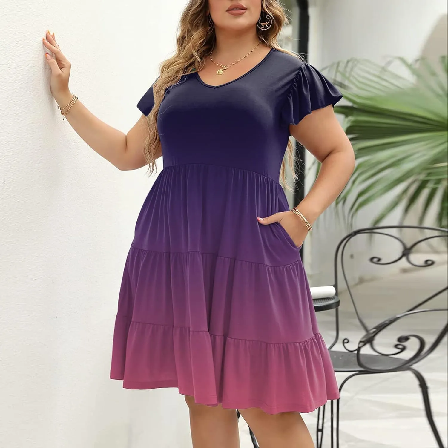 Plus Size Dresses for Curvy Women,Womens Ruffle Sleeve Tiered V Neck Midi Dress Casual Summer Dress with Pockets