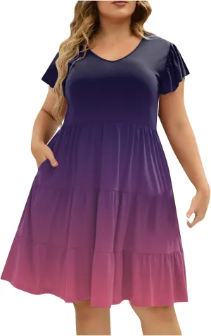 Plus Size Dresses for Curvy Women,Womens Ruffle Sleeve Tiered V Neck Midi Dress Casual Summer Dress with Pockets
