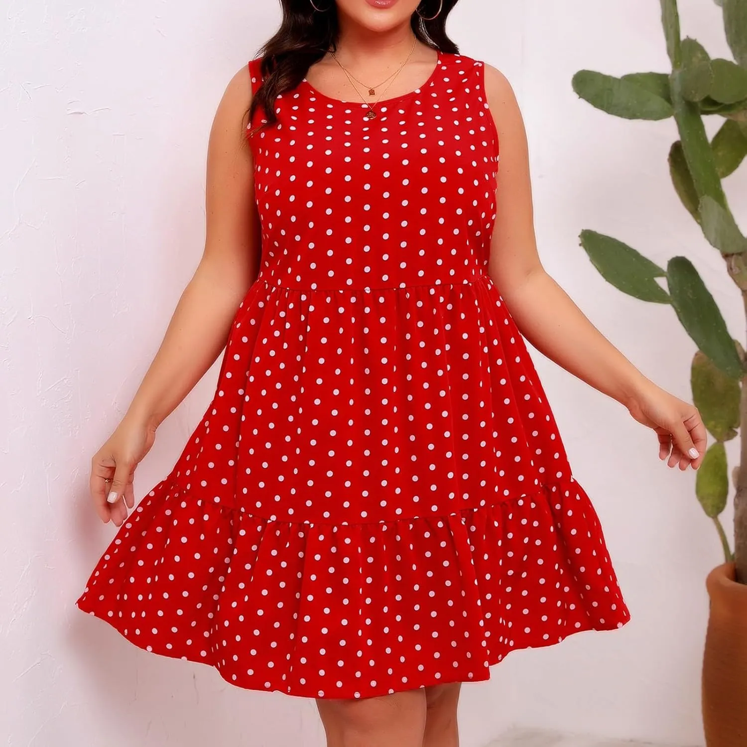 Plus Size Tank Dresses for Women Plus Size Sleeveless Ruffle Hem Flowy Midi Dress Summer Crewneck Casual Dress