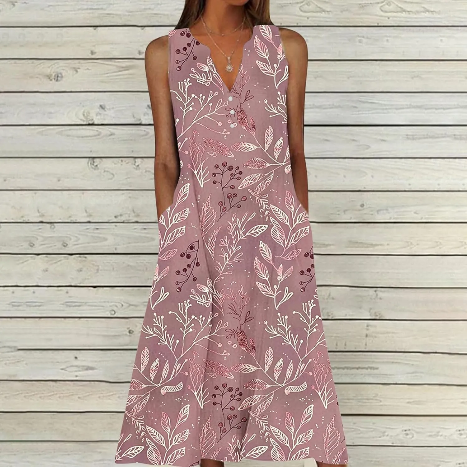 Plus Size Women's Embossed Floral Printed Midi Dresses with Pockets Loose Button V Neck Sleeveless A-Line Casual Summer Dress