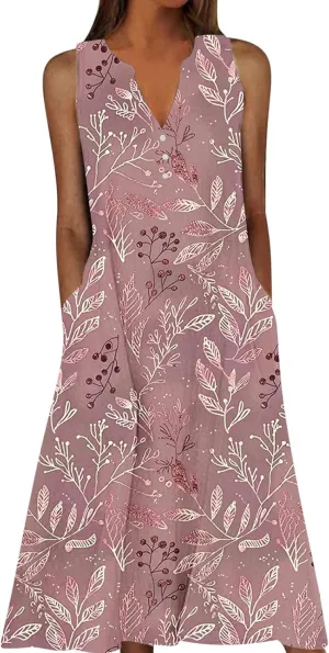Plus Size Women's Embossed Floral Printed Midi Dresses with Pockets Loose Button V Neck Sleeveless A-Line Casual Summer Dress