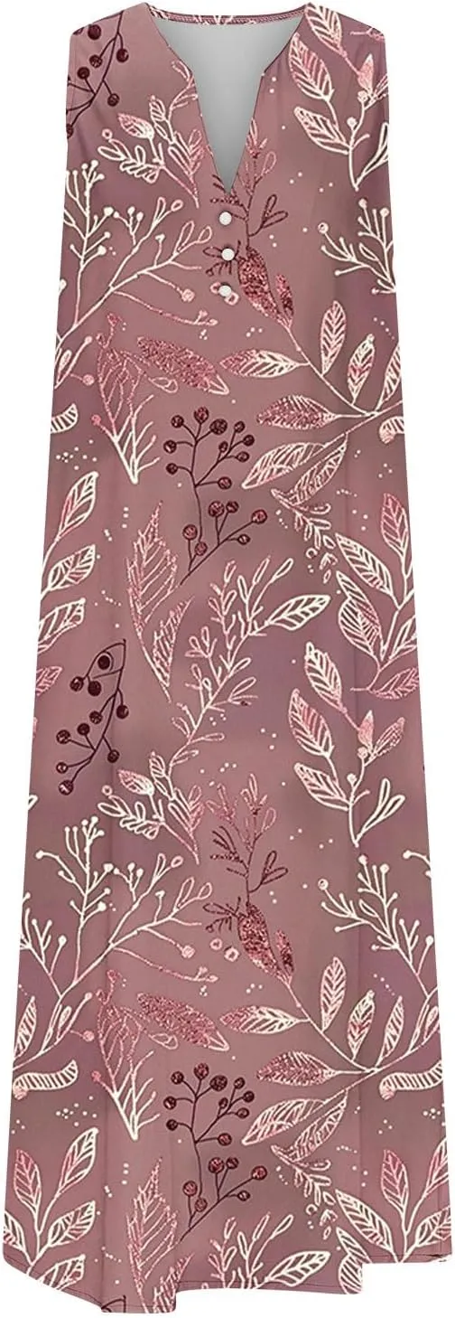 Plus Size Women's Embossed Floral Printed Midi Dresses with Pockets Loose Button V Neck Sleeveless A-Line Casual Summer Dress