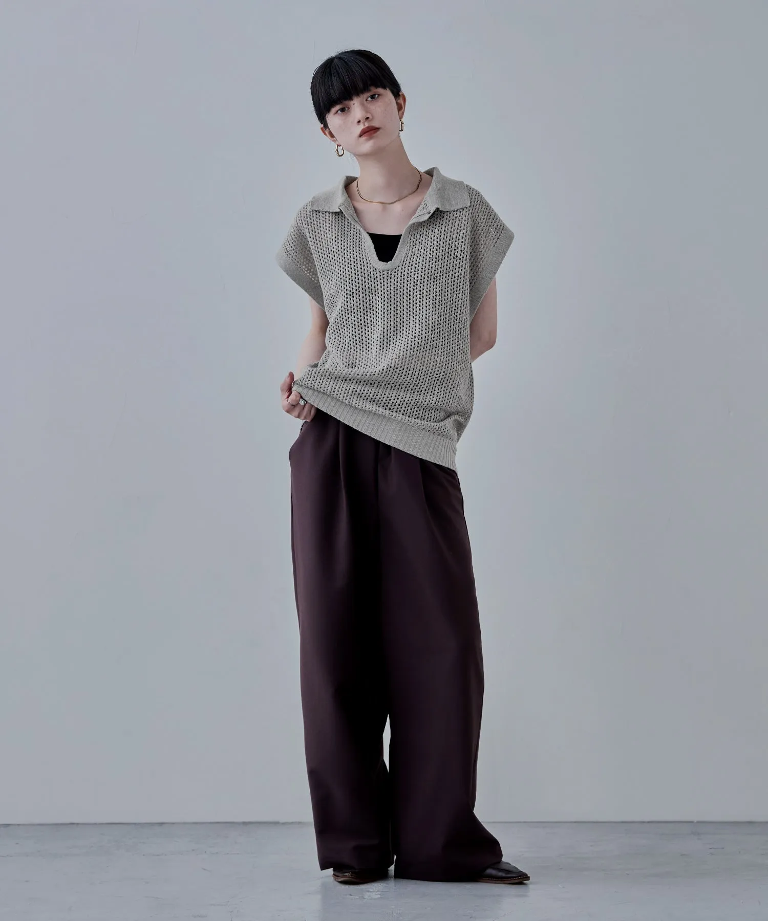 Polo collar mesh knit pullover
