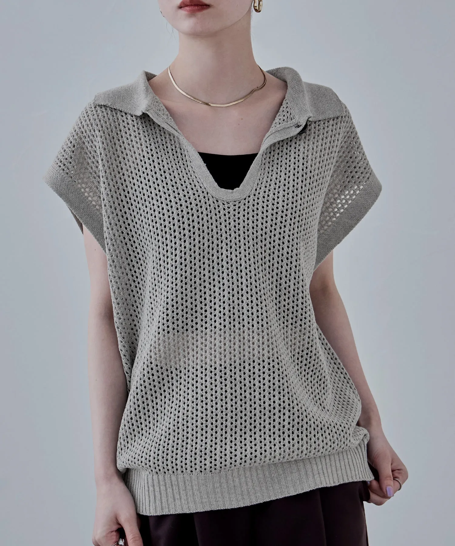 Polo collar mesh knit pullover