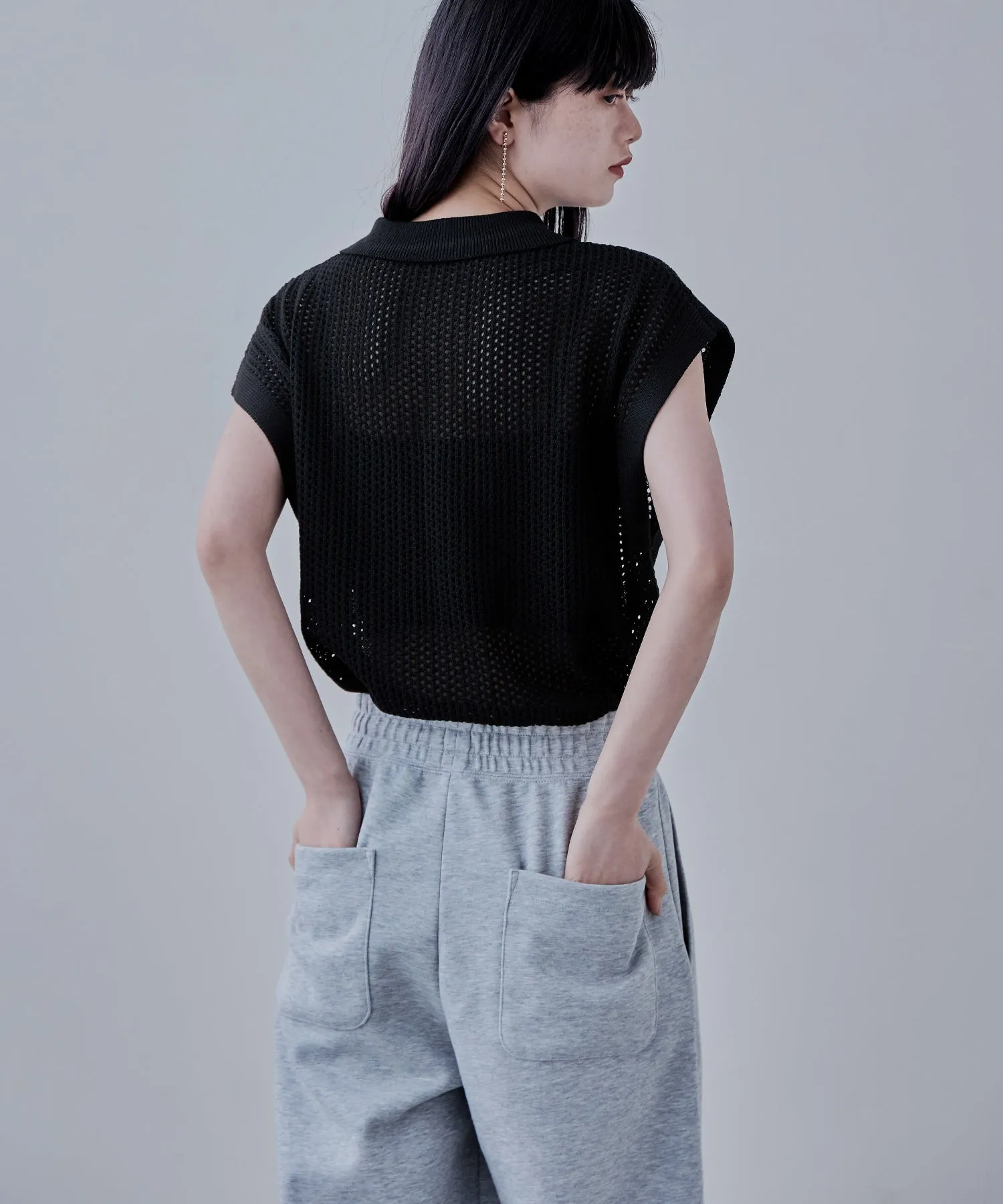 Polo collar mesh knit pullover