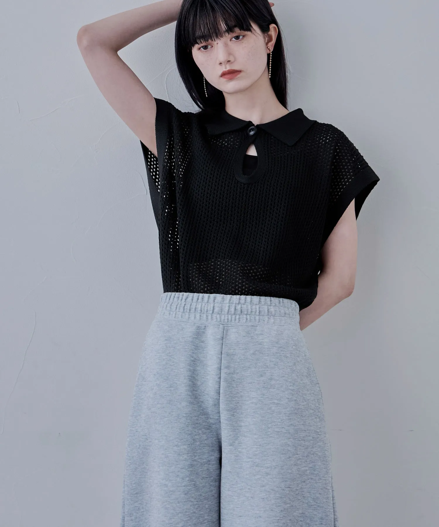 Polo collar mesh knit pullover
