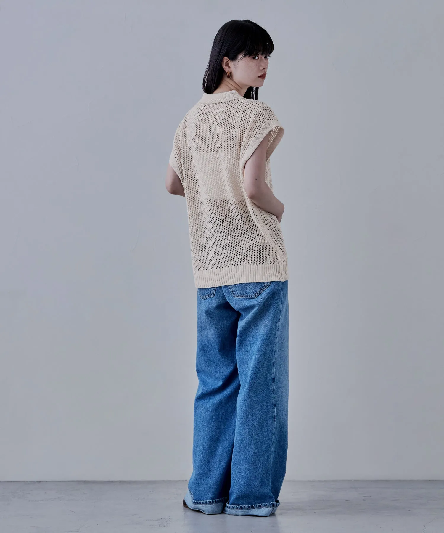 Polo collar mesh knit pullover