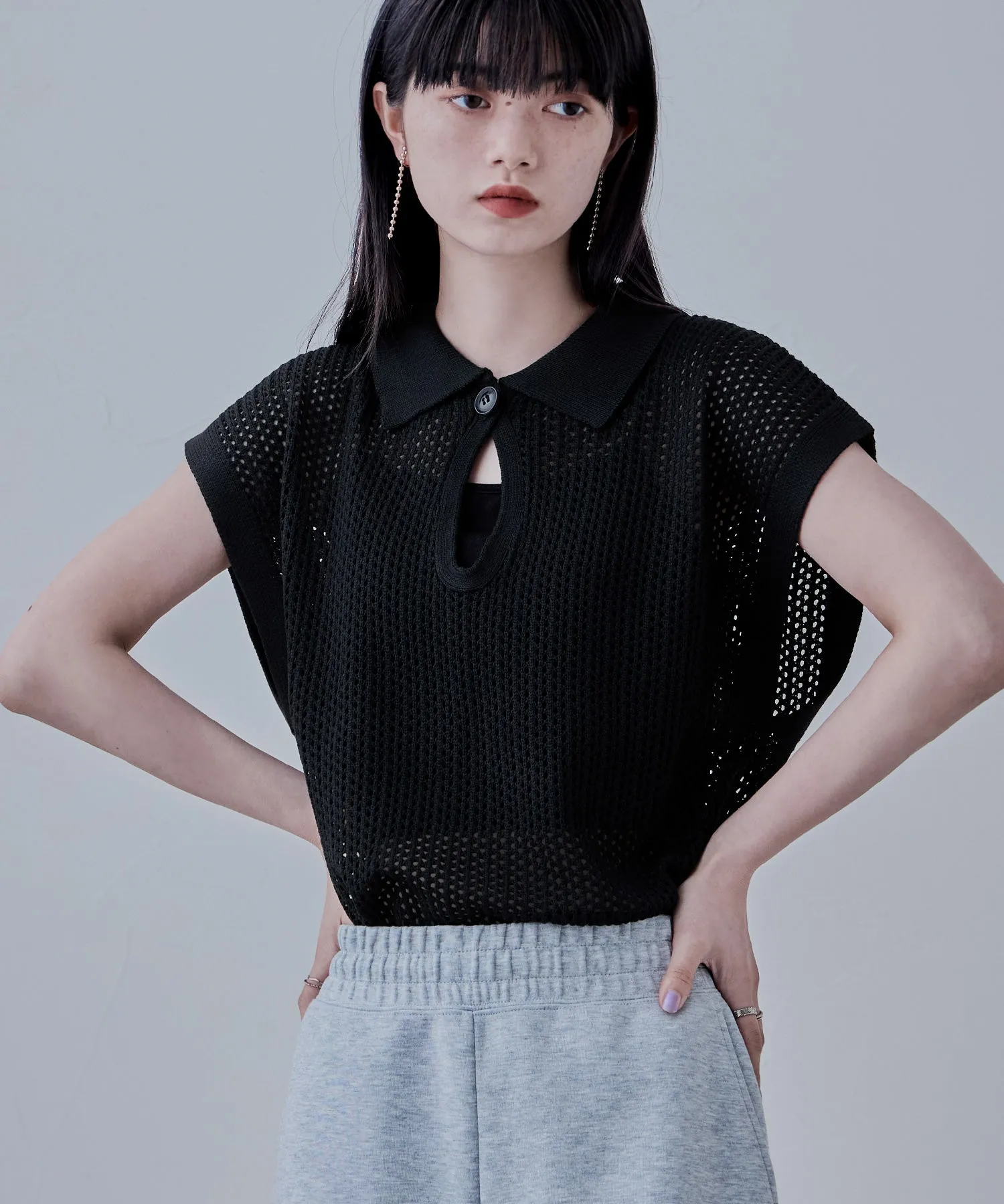 Polo collar mesh knit pullover
