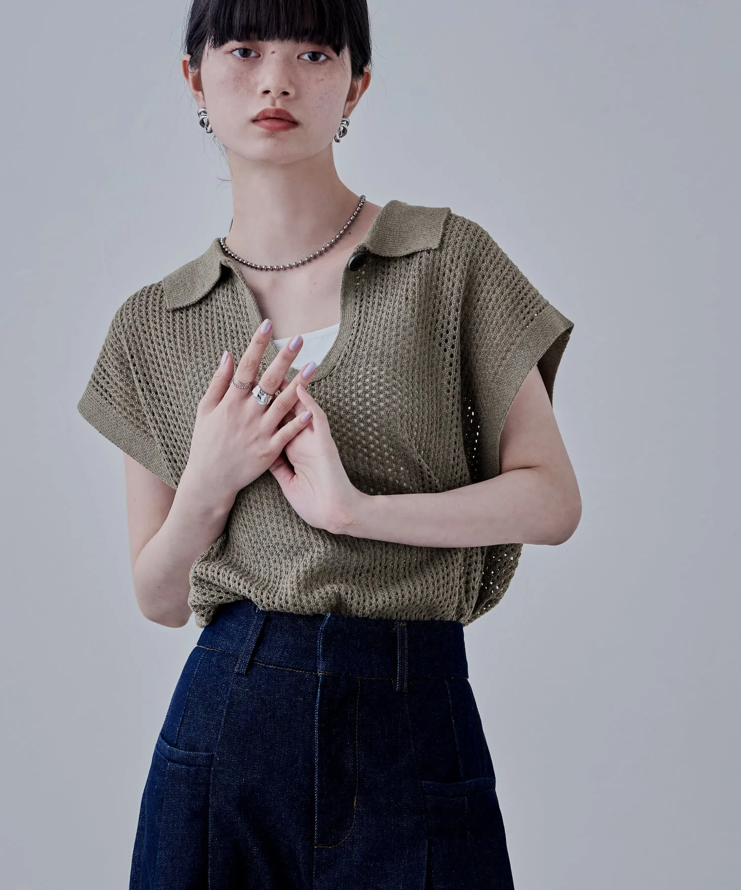 Polo collar mesh knit pullover