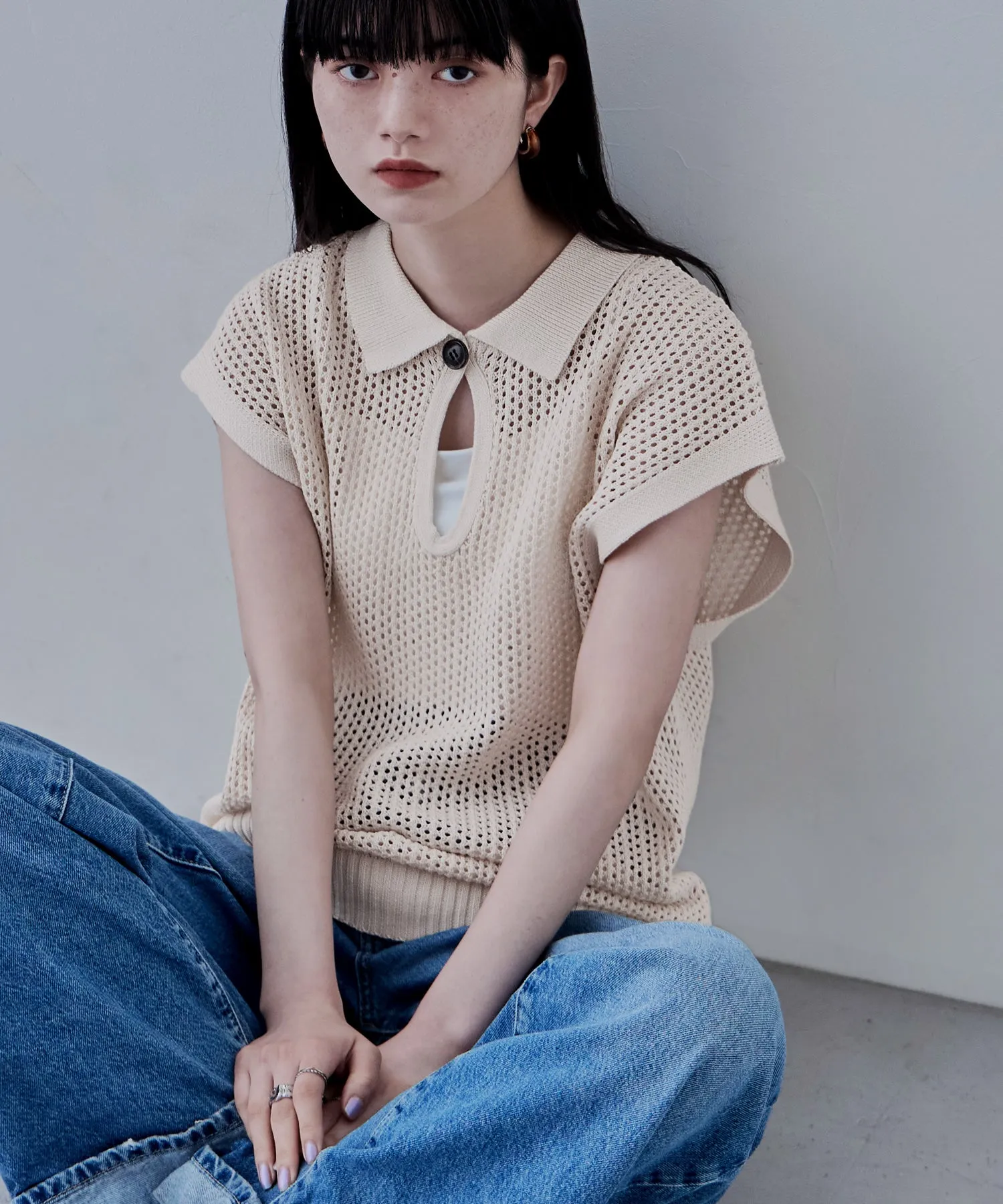 Polo collar mesh knit pullover