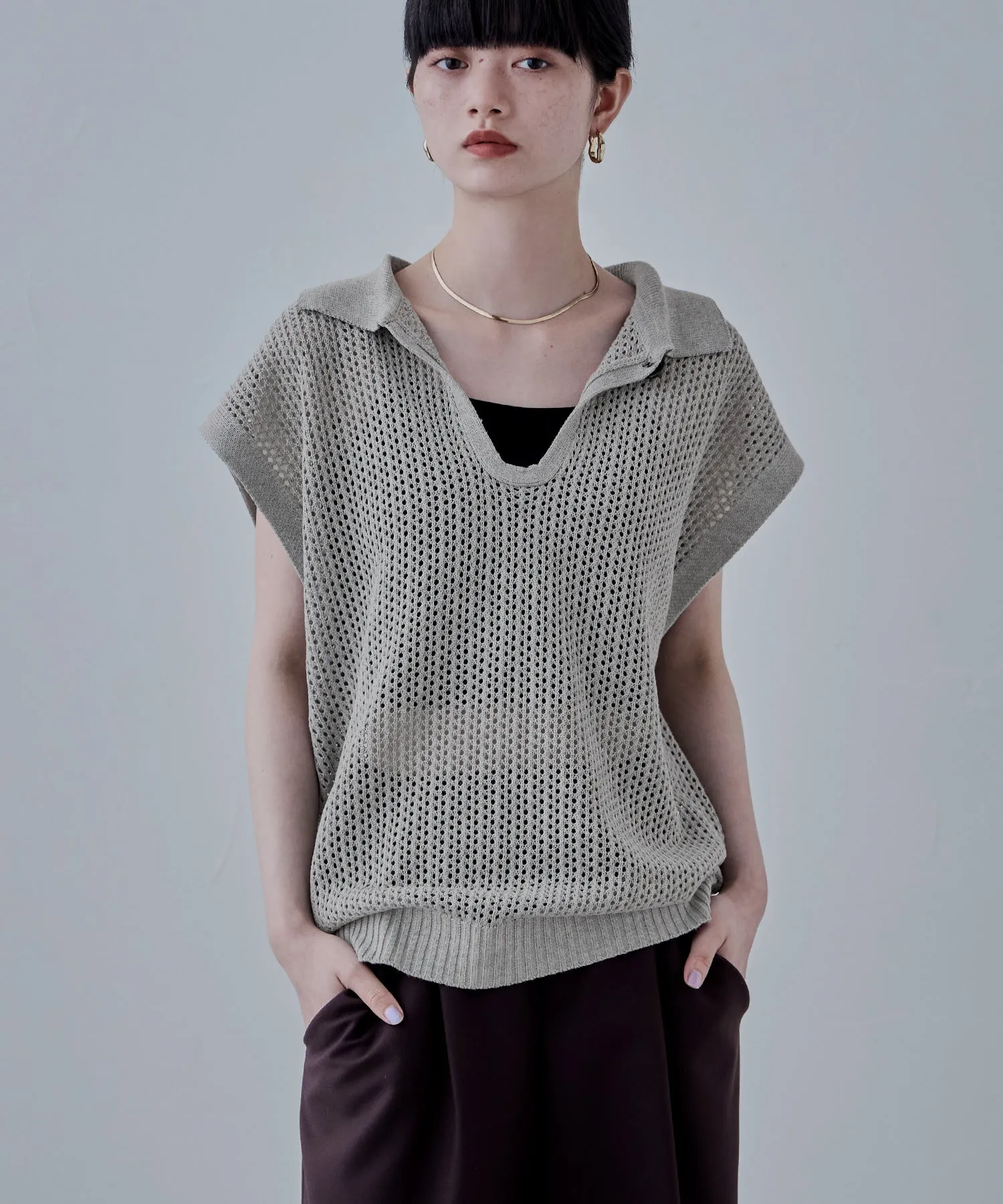 Polo collar mesh knit pullover