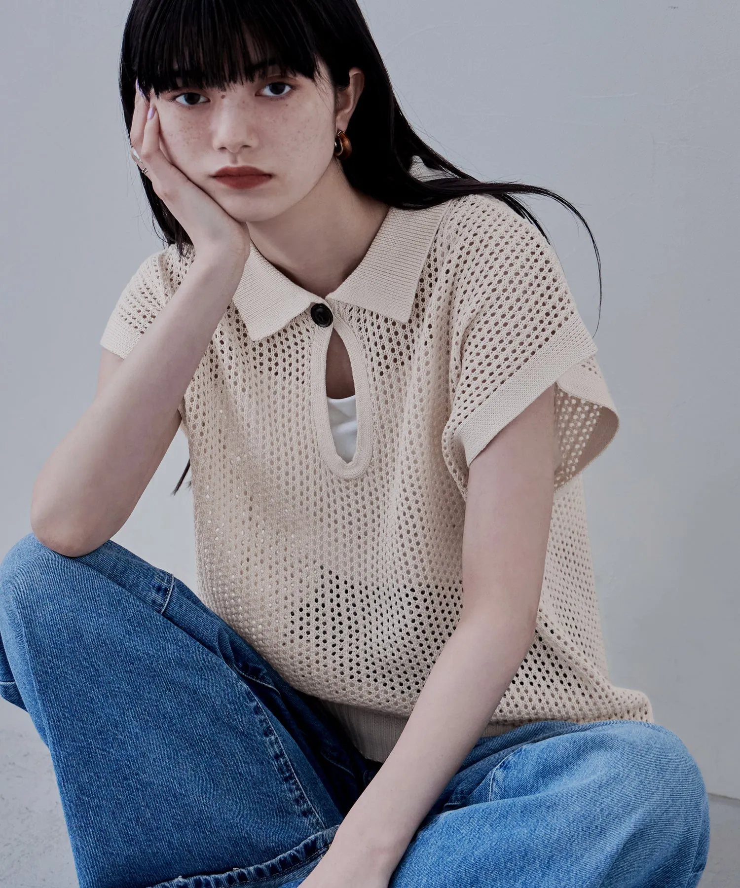 Polo collar mesh knit pullover