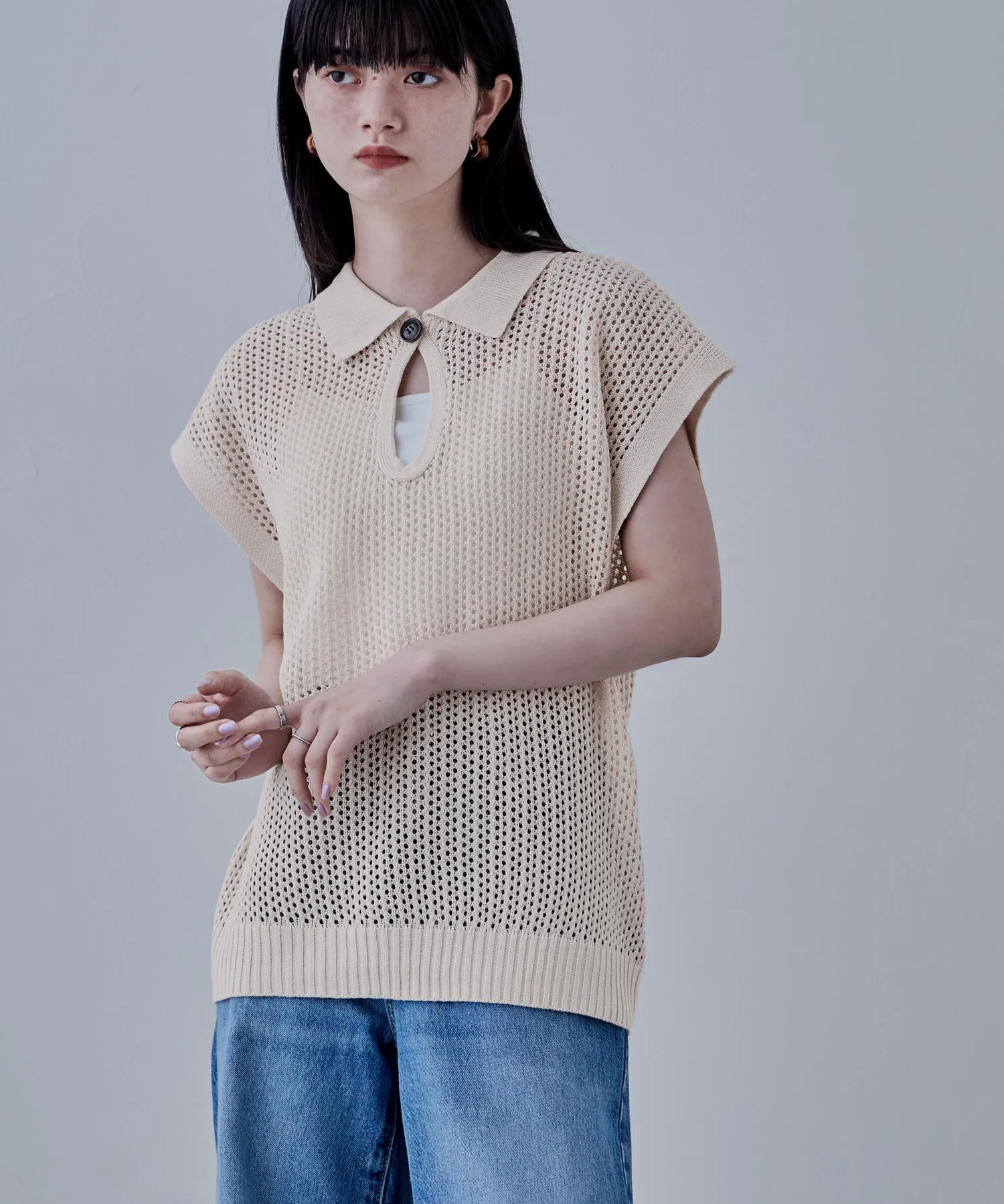 Polo collar mesh knit pullover