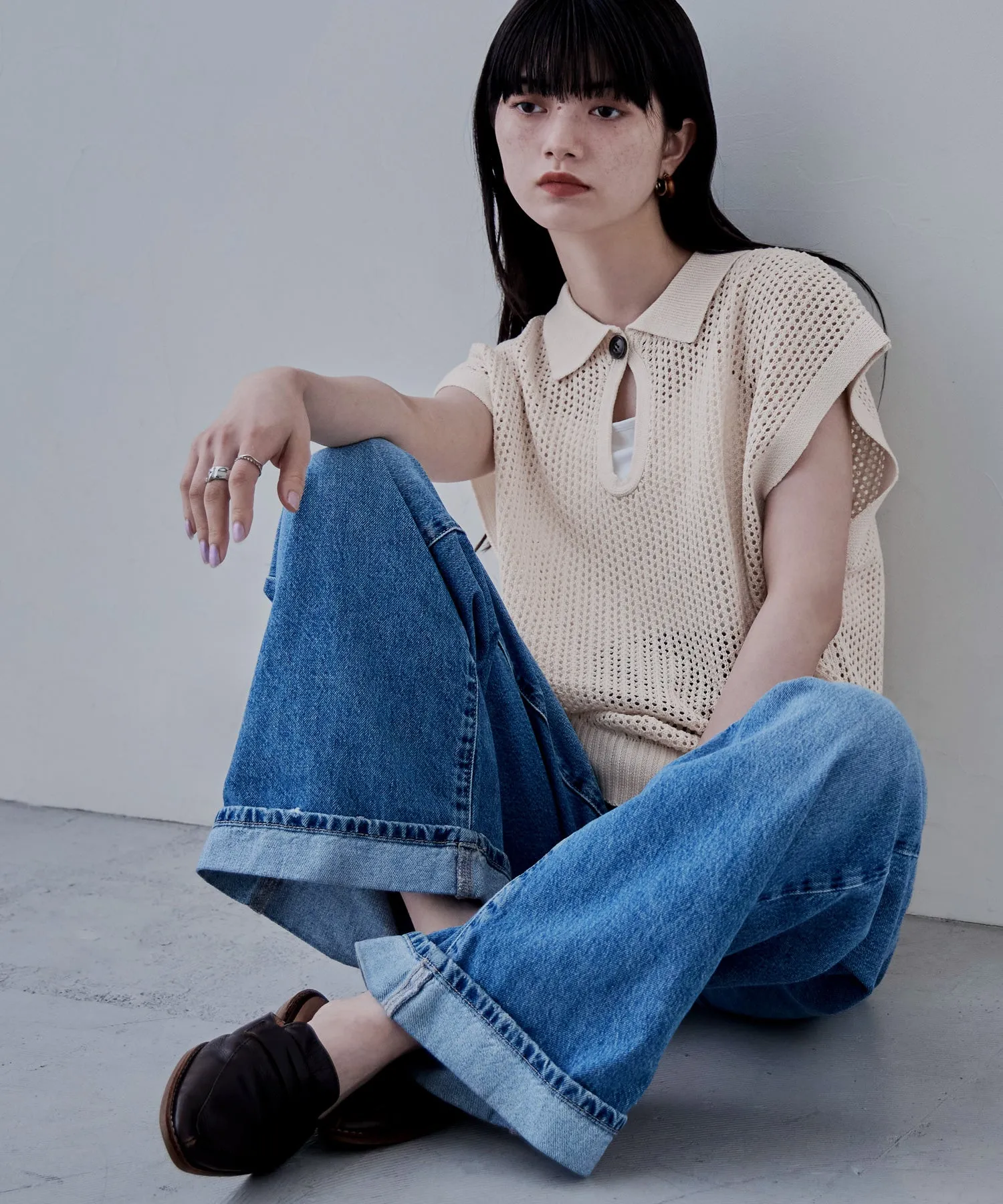 Polo collar mesh knit pullover