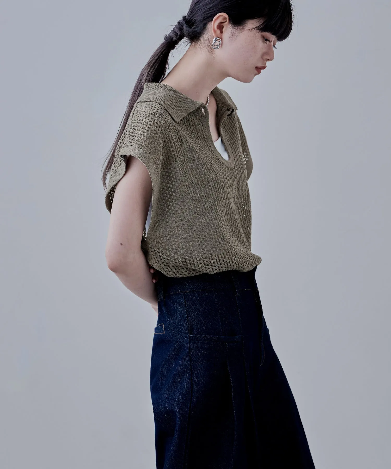 Polo collar mesh knit pullover