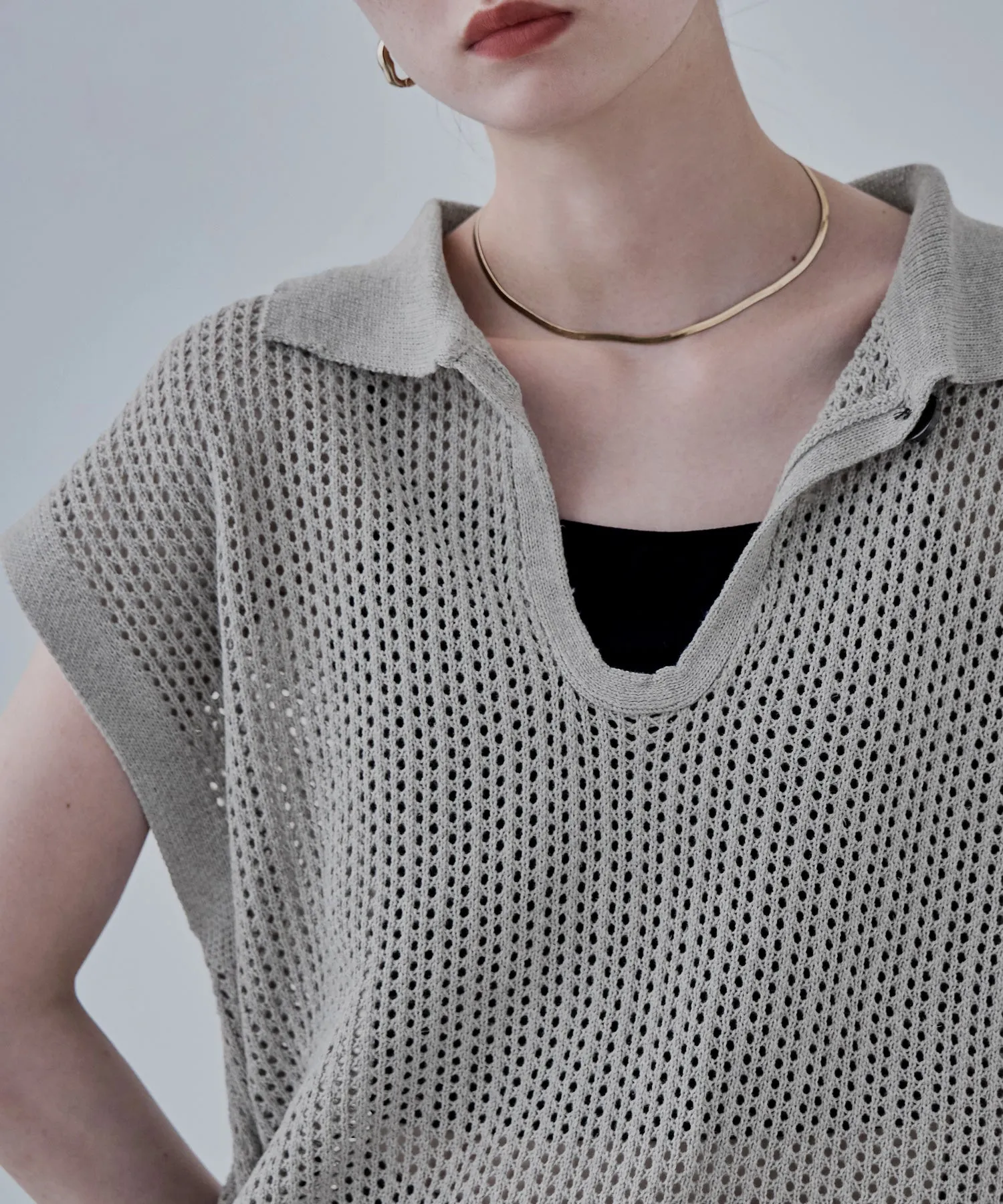 Polo collar mesh knit pullover
