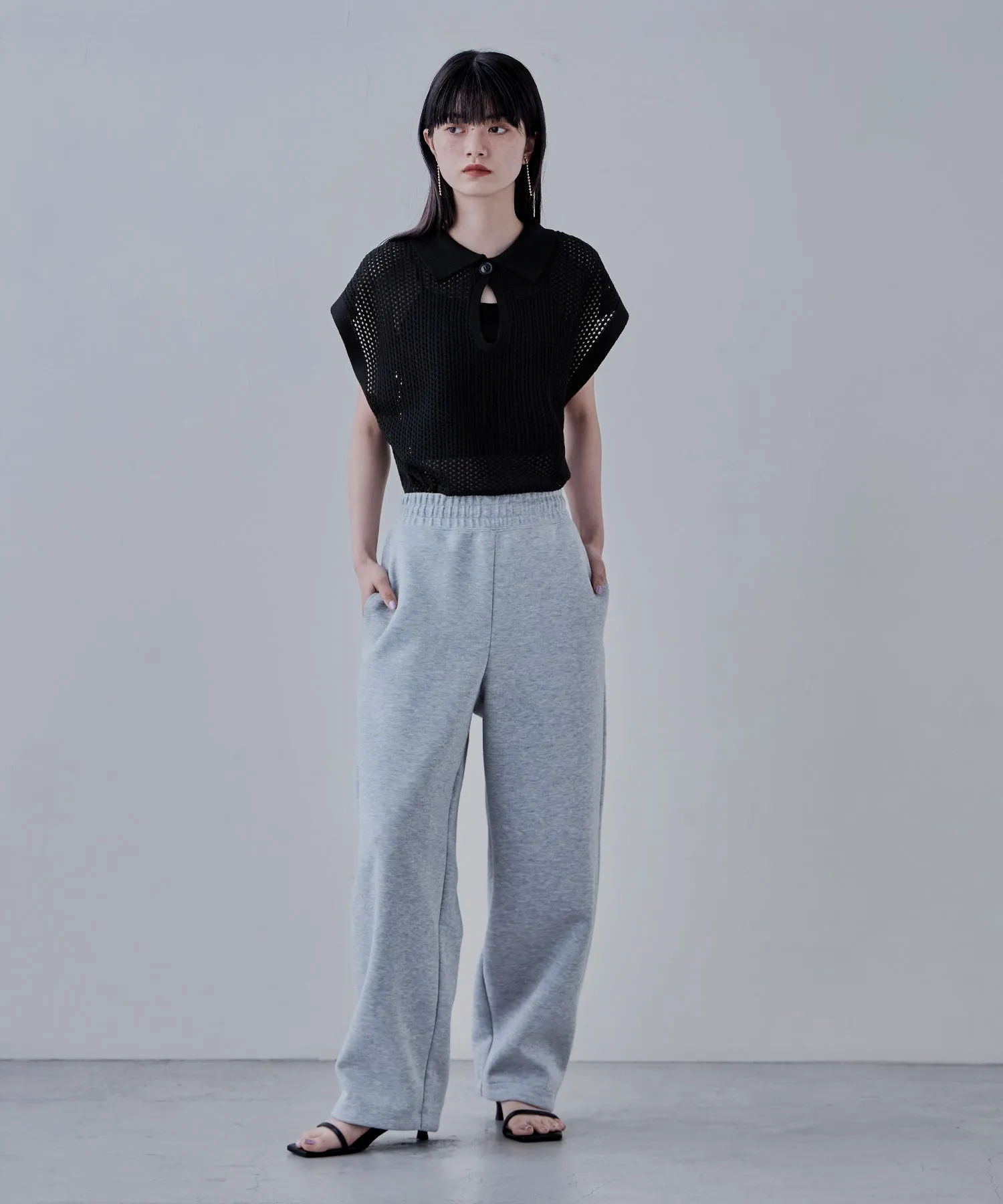 Polo collar mesh knit pullover