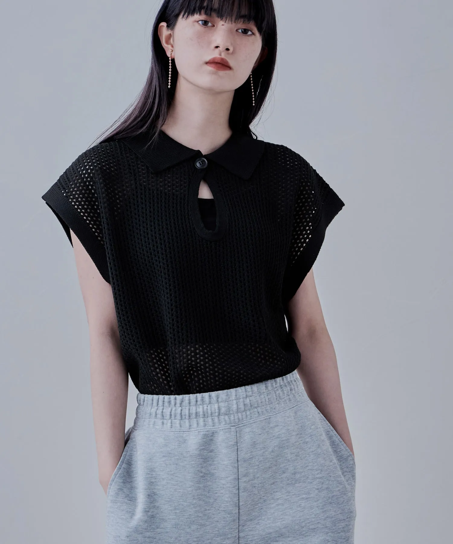 Polo collar mesh knit pullover