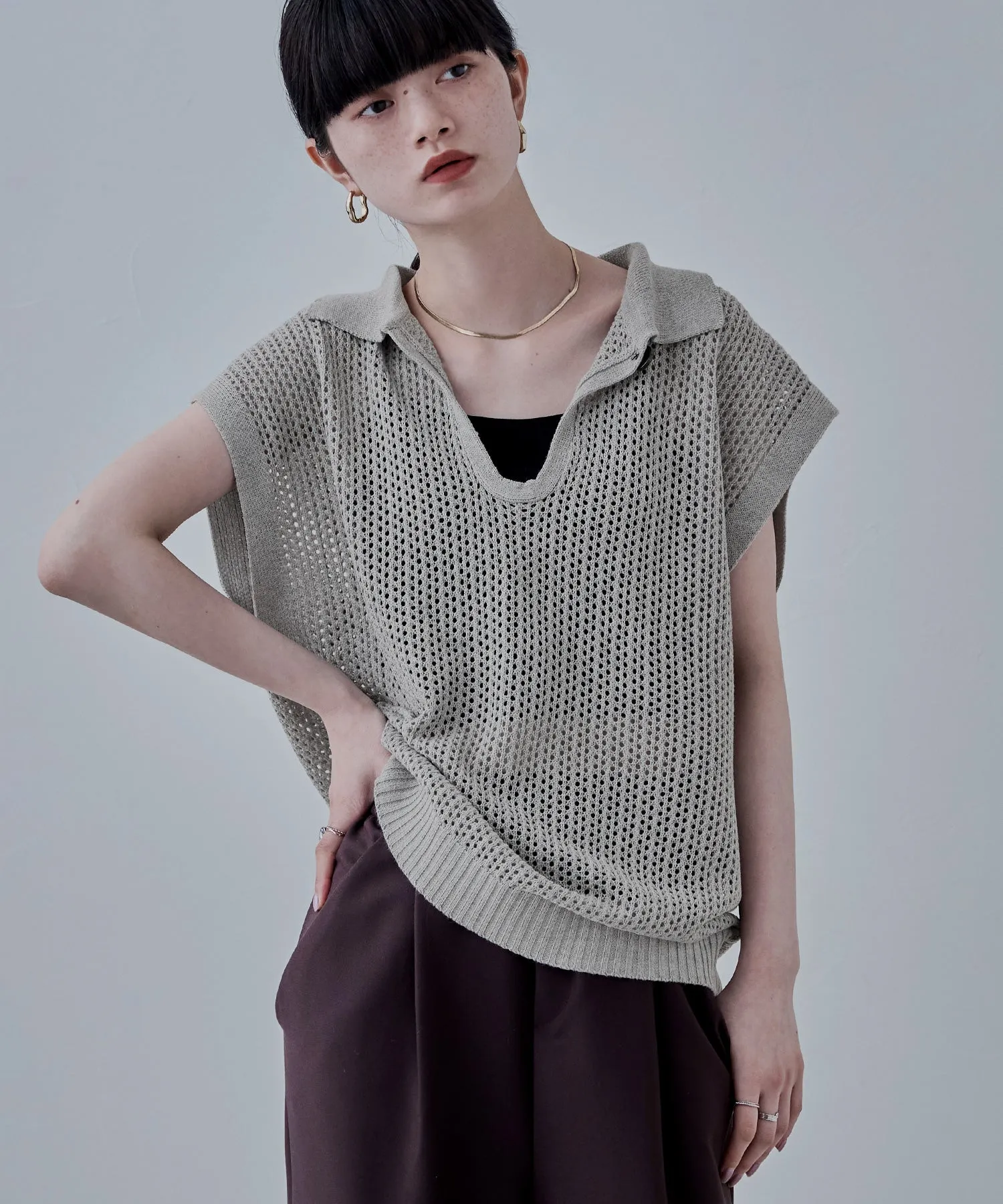 Polo collar mesh knit pullover