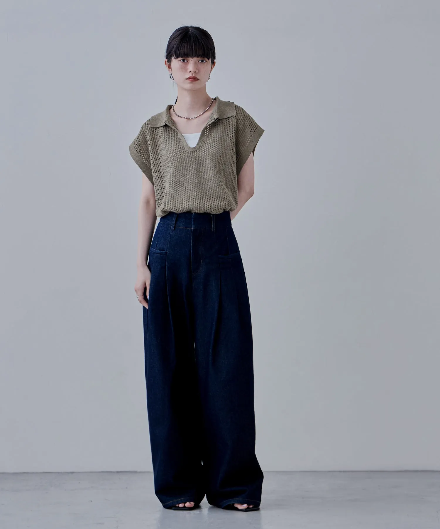 Polo collar mesh knit pullover