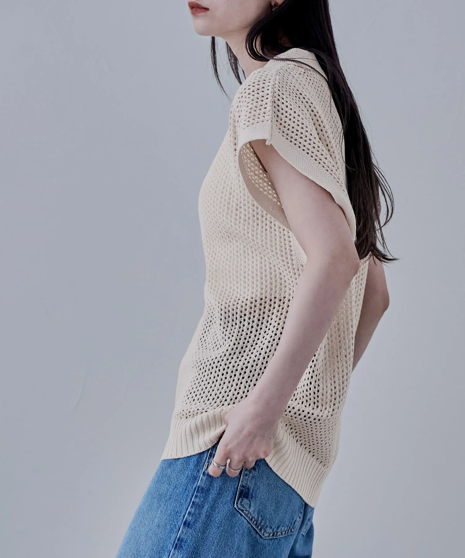 Polo collar mesh knit pullover