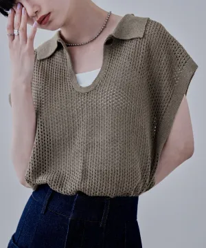 Polo collar mesh knit pullover