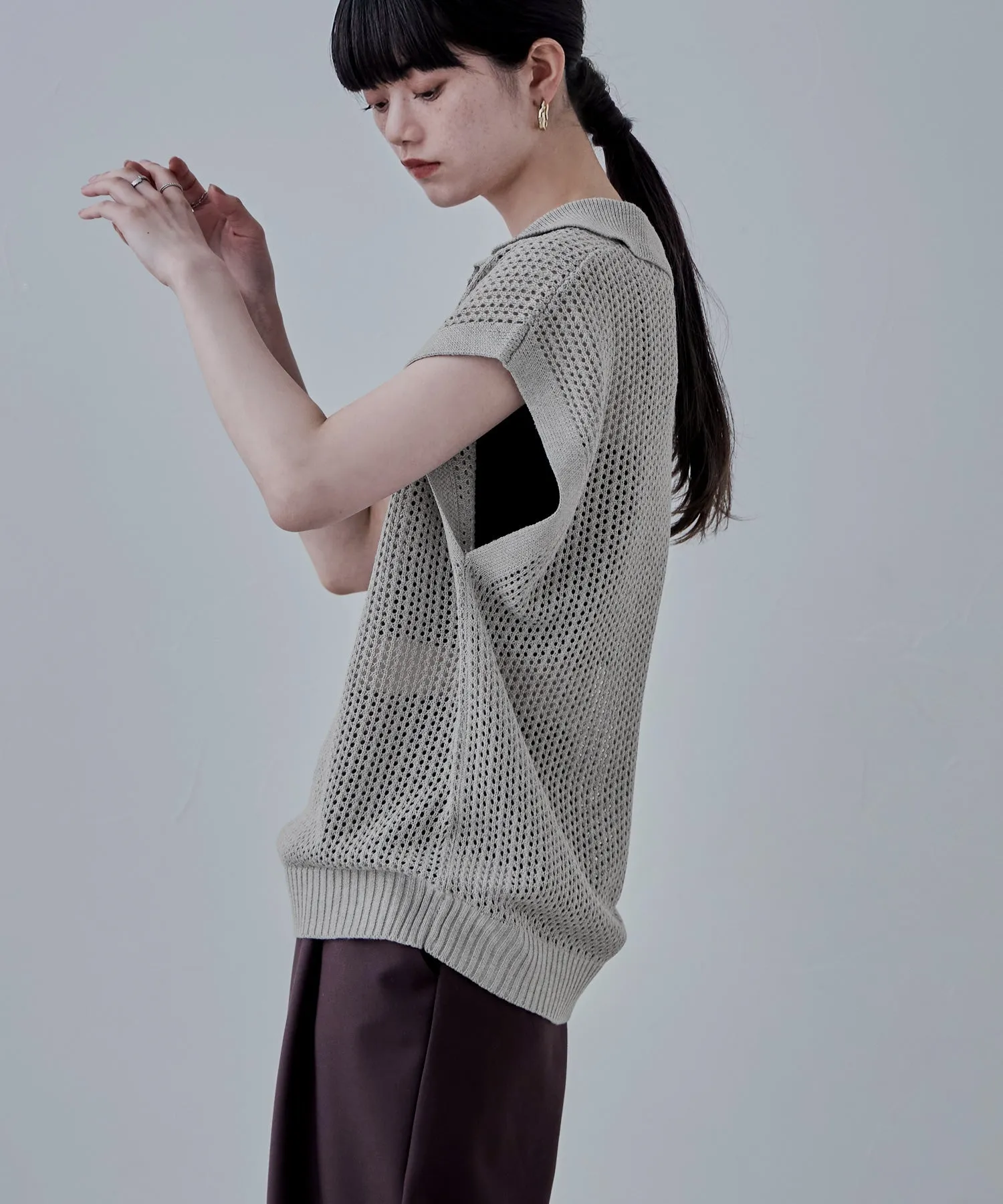 Polo collar mesh knit pullover