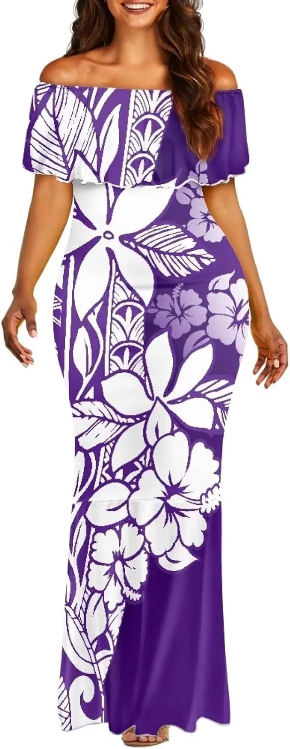 Polynesian for Women S-7XL Off Shoulder Maxi Dress Hawaiian Summer Dresses