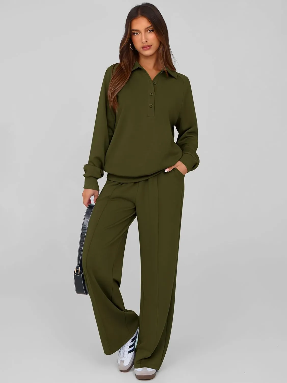 PRETTYGARDEN Women Fall 2 Piece Outfits Sweatsuits Quarter Button Long Sleeve Sweatshirt Wide Leg Pants Tracksuit Lounge Sets