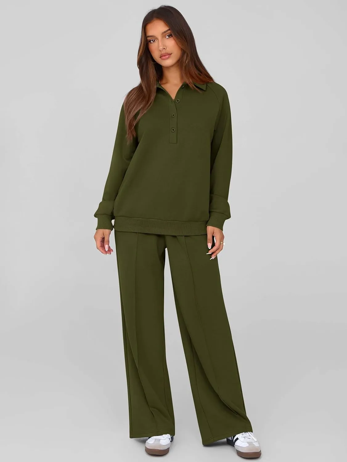 PRETTYGARDEN Women Fall 2 Piece Outfits Sweatsuits Quarter Button Long Sleeve Sweatshirt Wide Leg Pants Tracksuit Lounge Sets