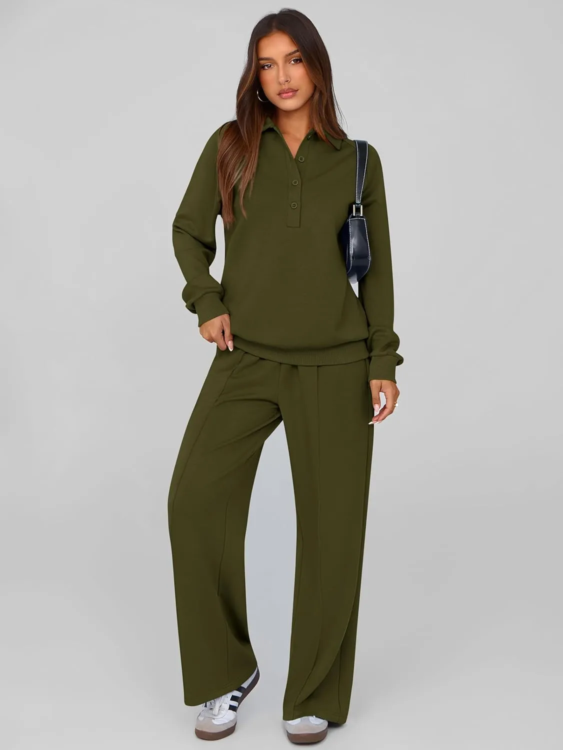 PRETTYGARDEN Women Fall 2 Piece Outfits Sweatsuits Quarter Button Long Sleeve Sweatshirt Wide Leg Pants Tracksuit Lounge Sets