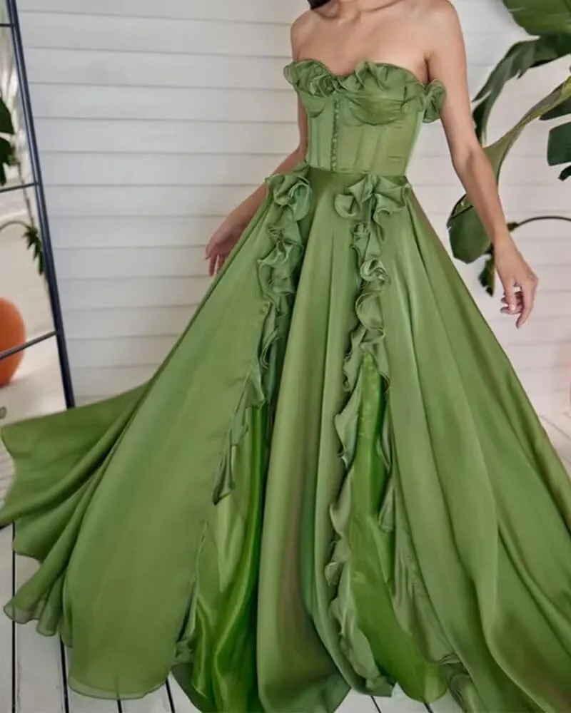 Ruffle Chiffon Prom Dresses High Split Sleeveless A Line Formal Evening Party Gowns Long