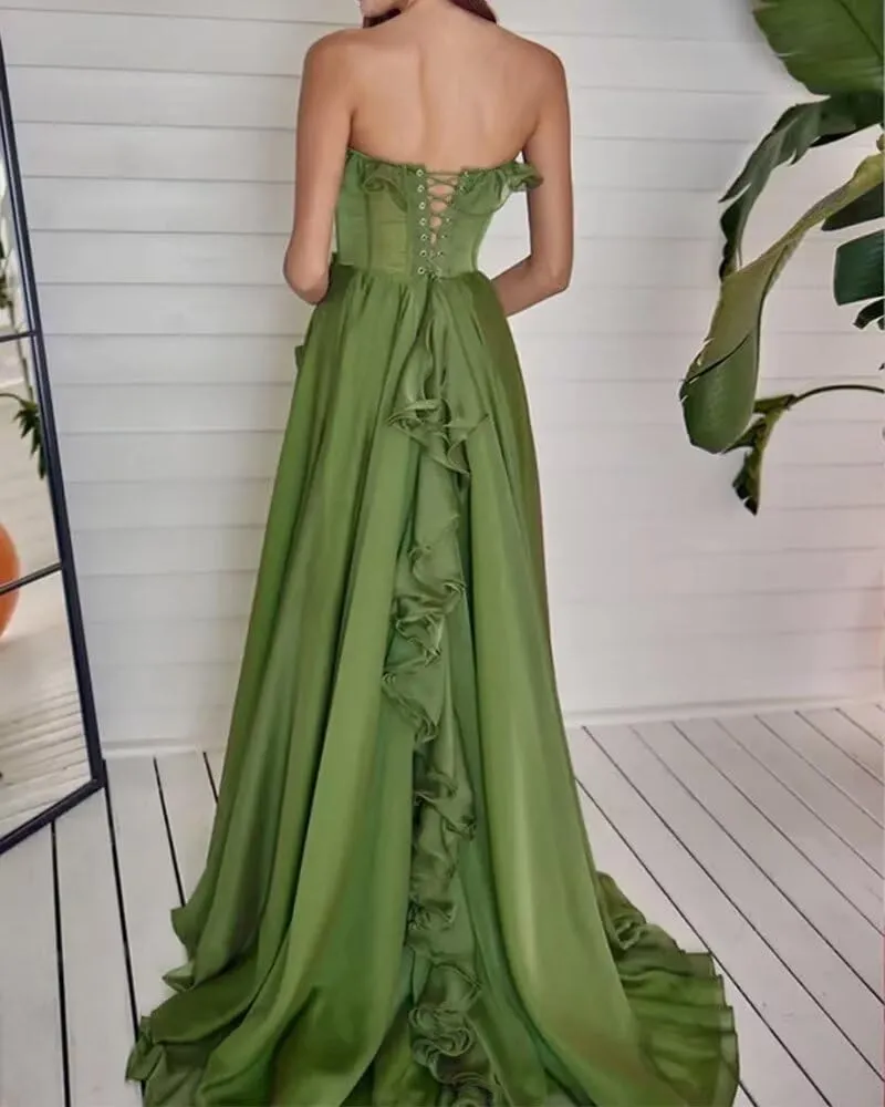 Ruffle Chiffon Prom Dresses High Split Sleeveless A Line Formal Evening Party Gowns Long