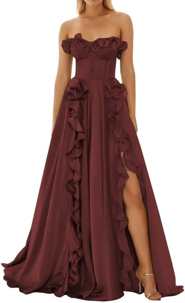 Ruffle Chiffon Prom Dresses High Split Sleeveless A Line Formal Evening Party Gowns Long