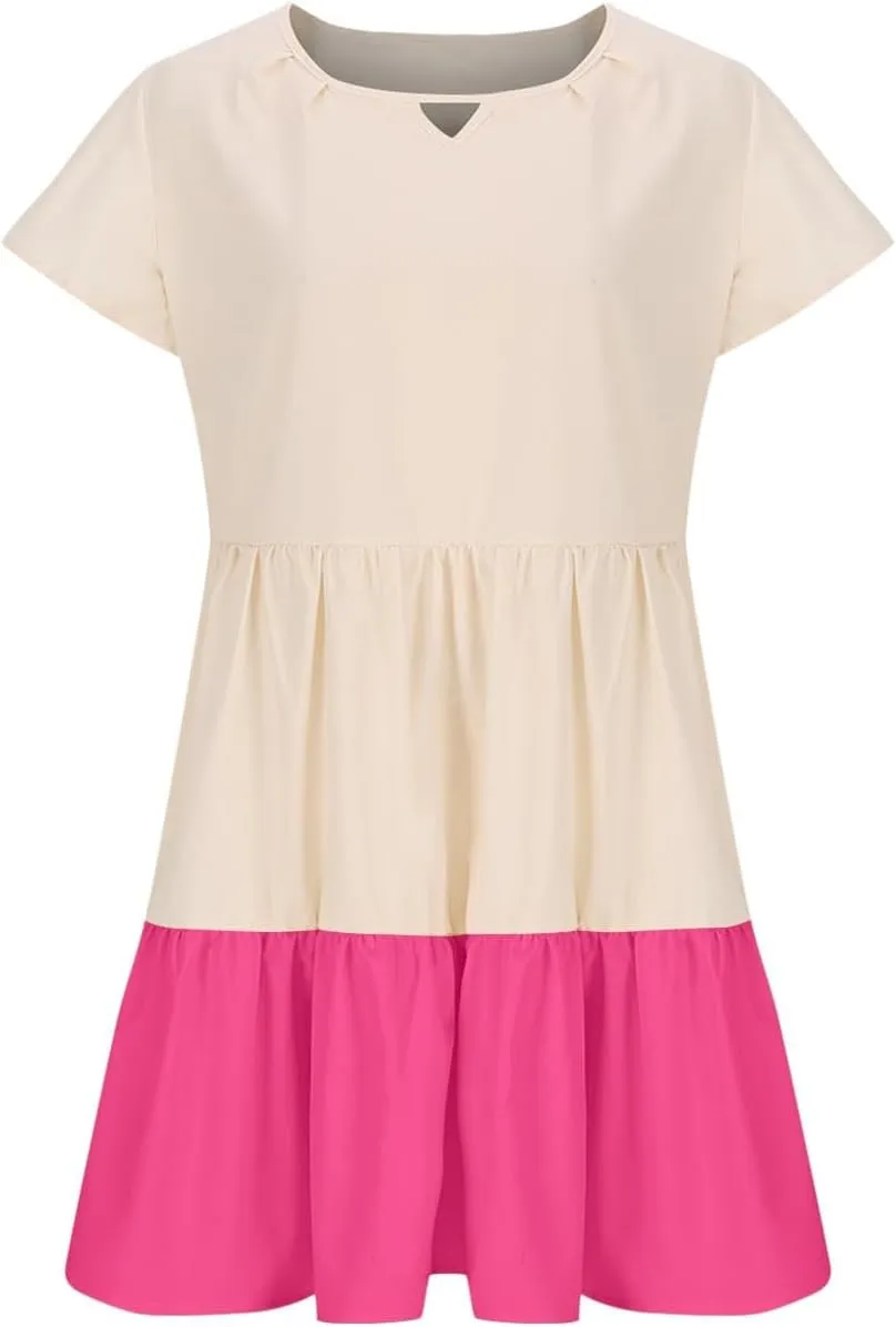 Ruffle Mini Dress for Women 2025 Summer Keyhole Sleeve A Line Dress Colorblock Pleated Beach Vacation Sundress